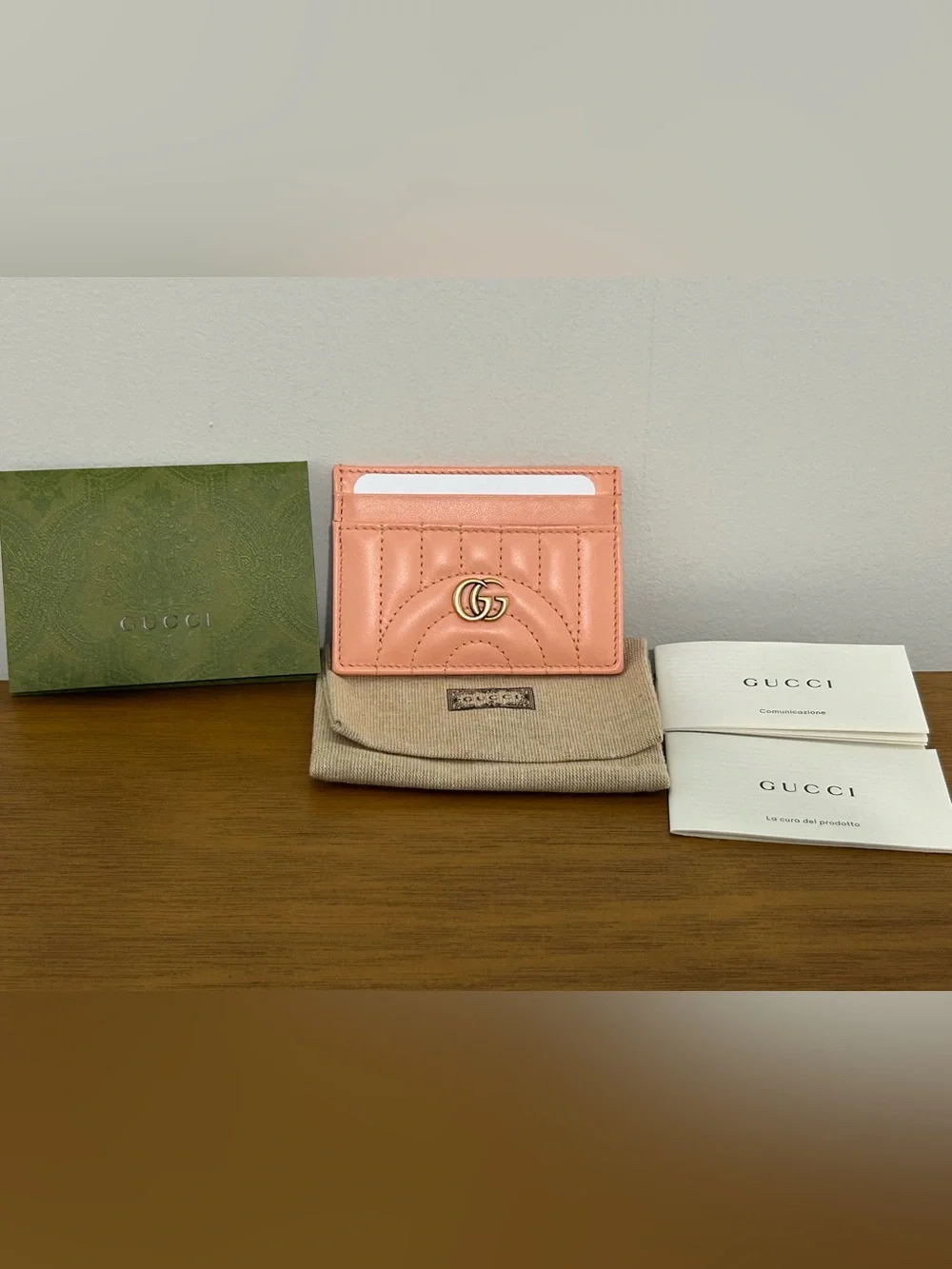 Gucci Peach Quilted Leather Card Holder with Gold Double G